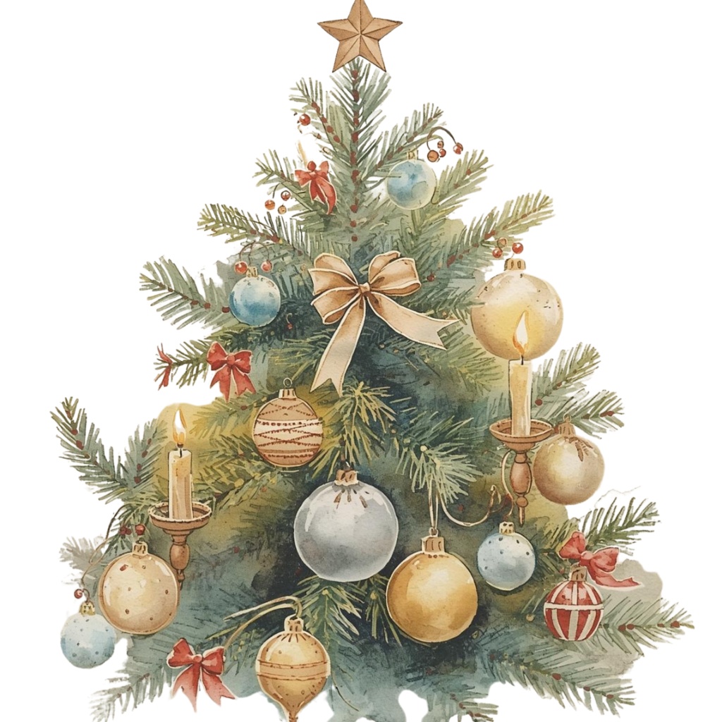 アンティーク水彩クリスマスクリップアートセット|Canva AI制作/くすみカラーの可愛い素材集(PNG透過)