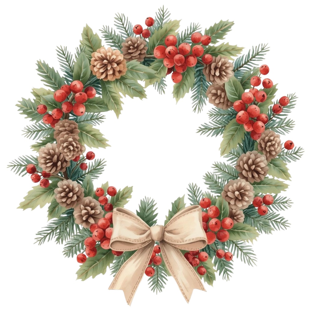 アンティーク水彩クリスマスクリップアートセット|Canva AI制作/くすみカラーの可愛い素材集(PNG透過)