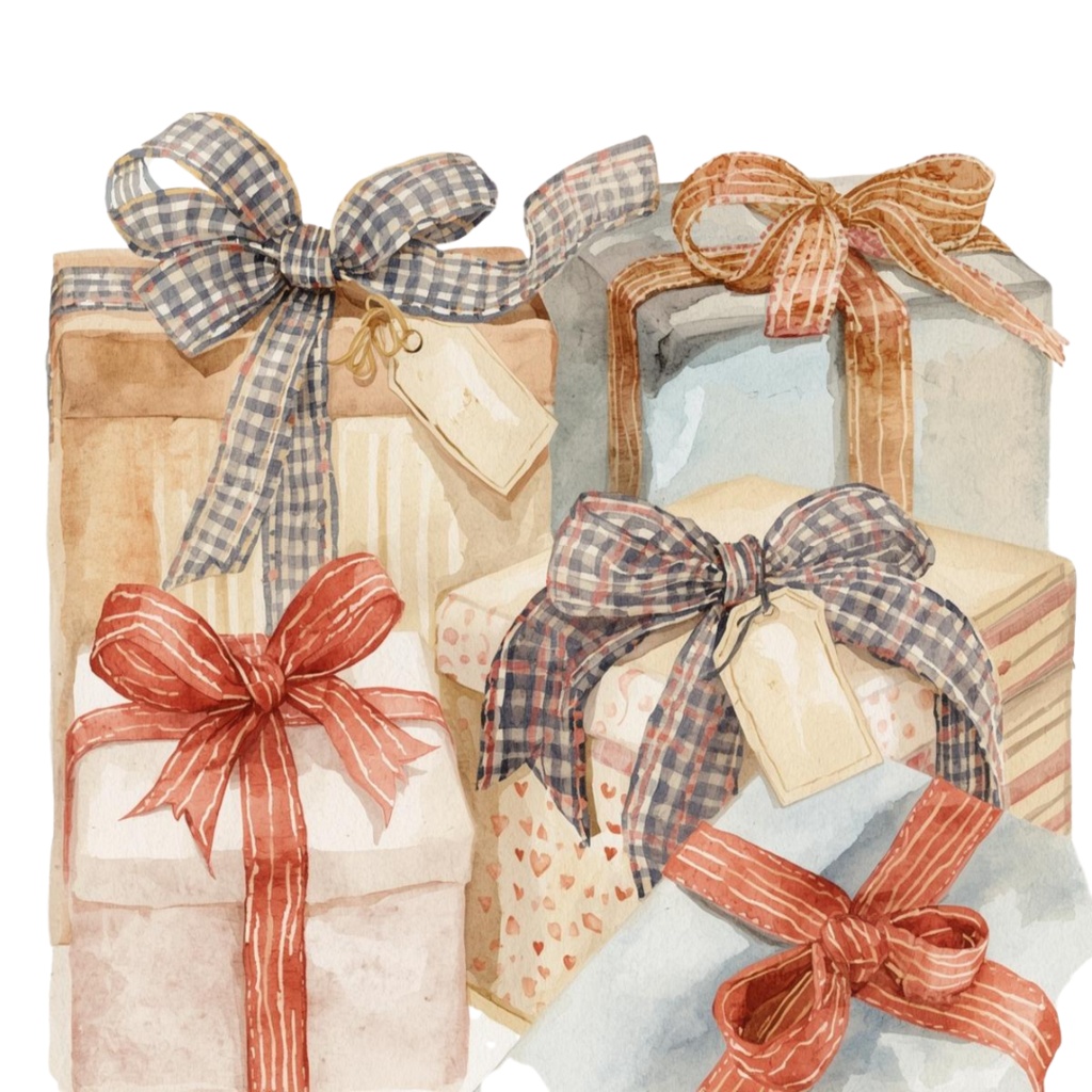 アンティーク水彩クリスマスクリップアートセット|Canva AI制作/くすみカラーの可愛い素材集(PNG透過)