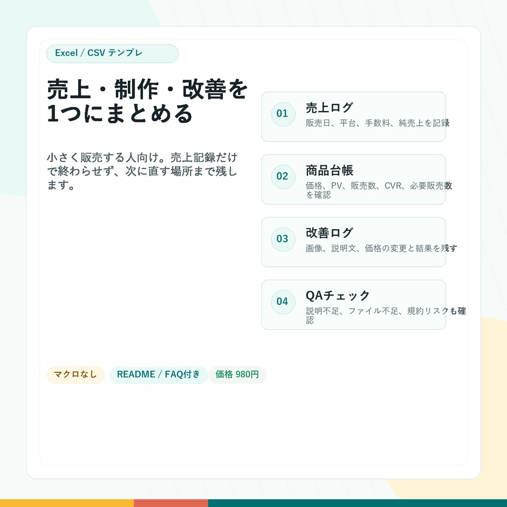〖Excel/CSV〗デジタル商品 売上・改善管理テンプレ|BOOTH/note対応
