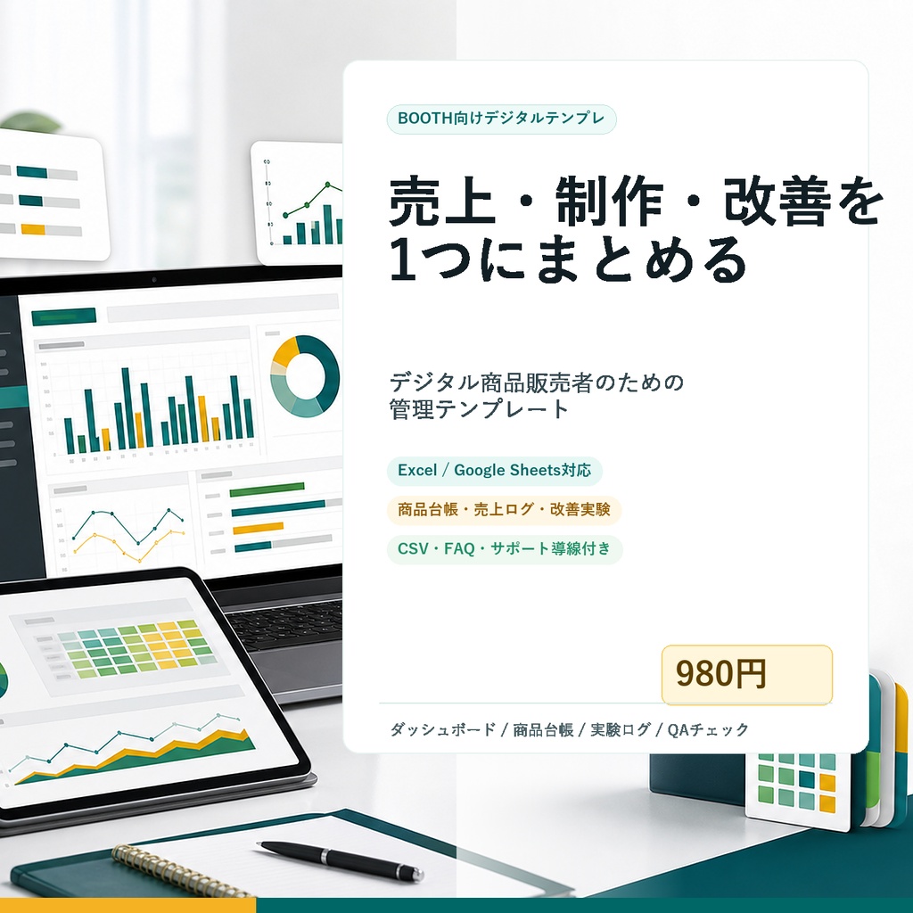 〖Excel/CSV〗デジタル商品 売上・改善管理テンプレ｜BOOTH/note対応