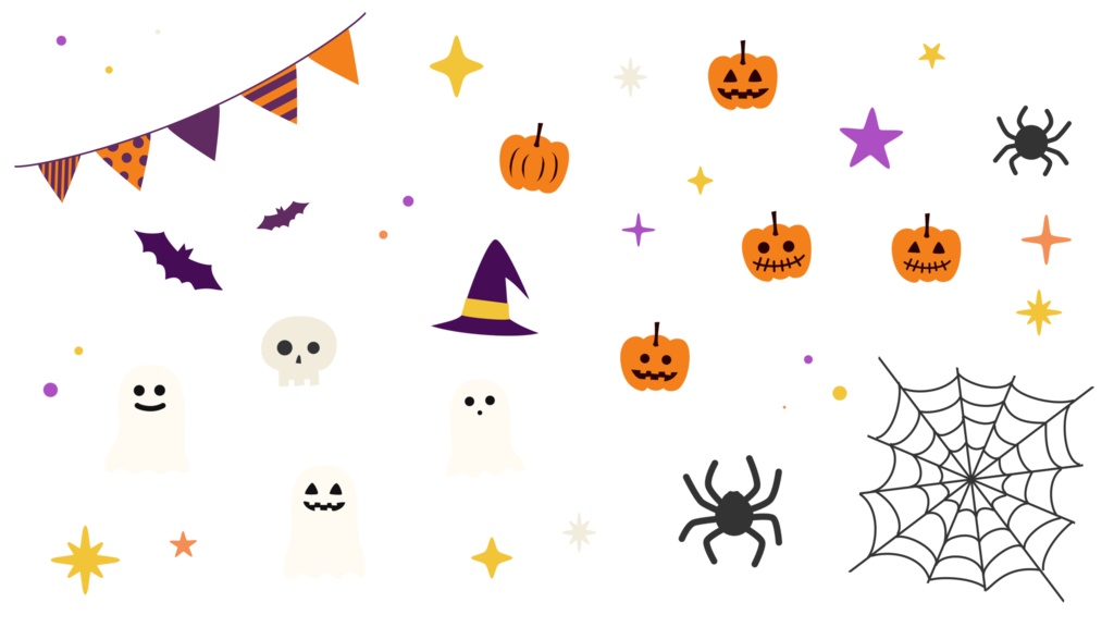 【透過イラスト素材】ハロウィンで便利な可愛いアイコン&テキストセット 背景透過PNG画像で使いやすい!