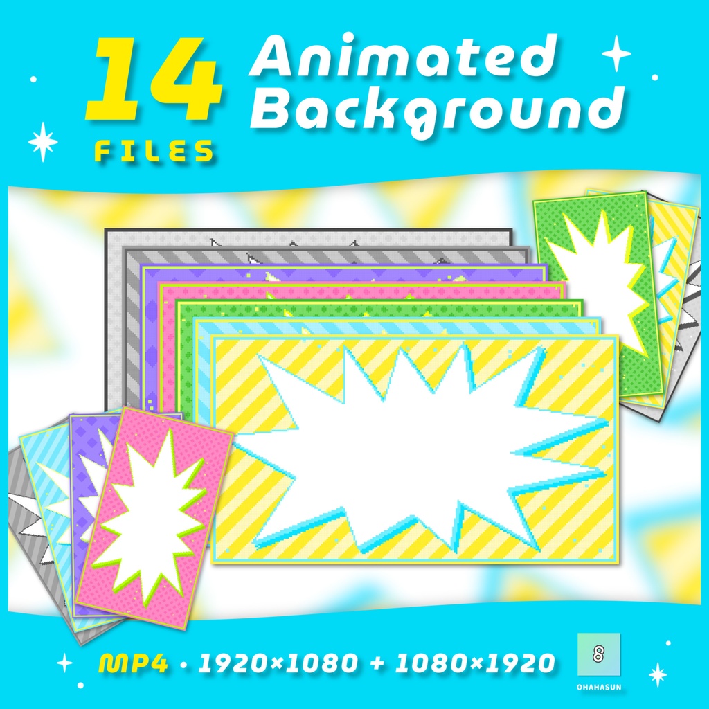 【ループ背景|配信・動画】8bitレトロゲーム風!POPなコミック爆発インパクトフレーム背景・全14種・mp4・10秒ループ