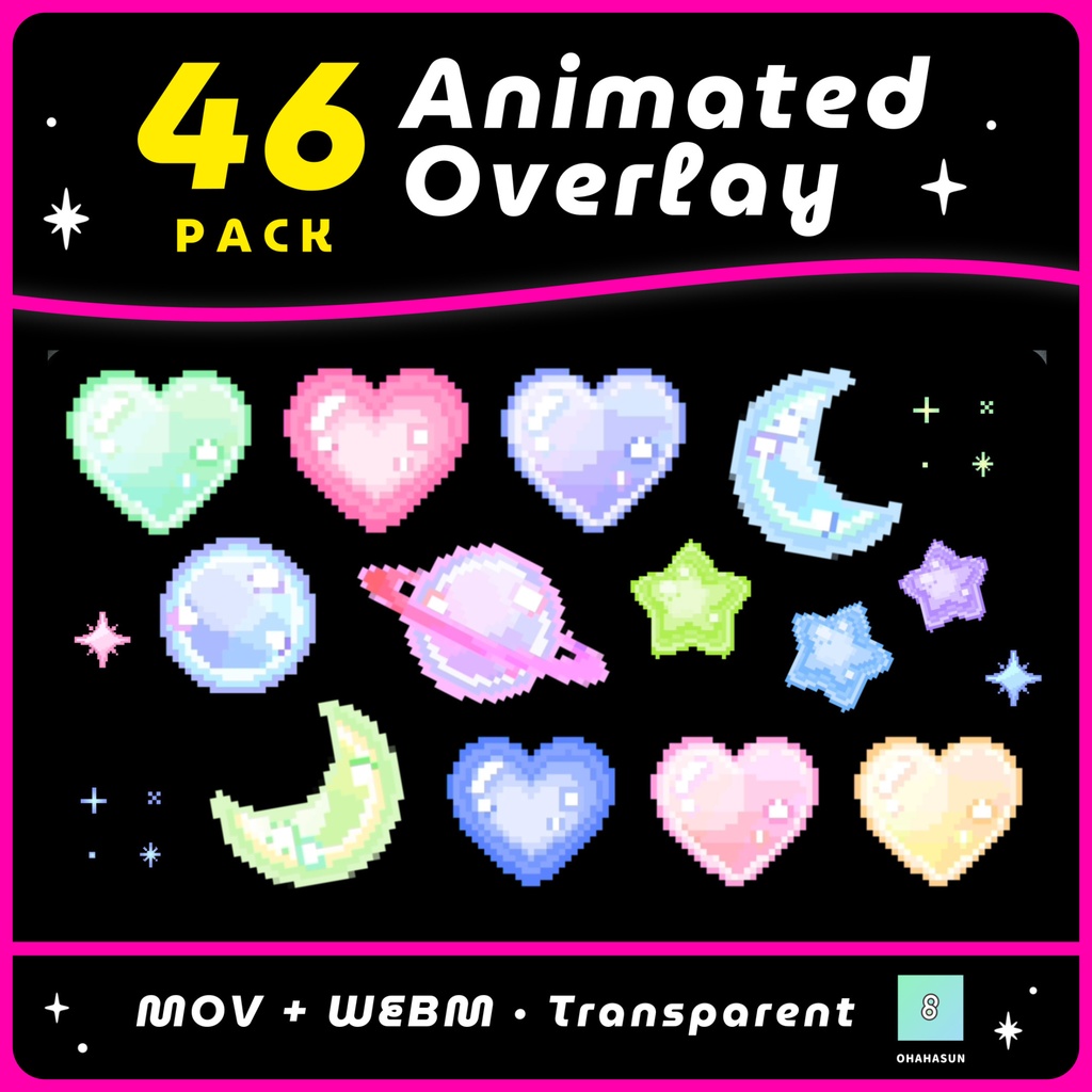 【OBS対応|透過|ループ】可愛い8bitレトロゲーム風の動くアイコン&エフェクト46種セット❤️✨🪐⭐️