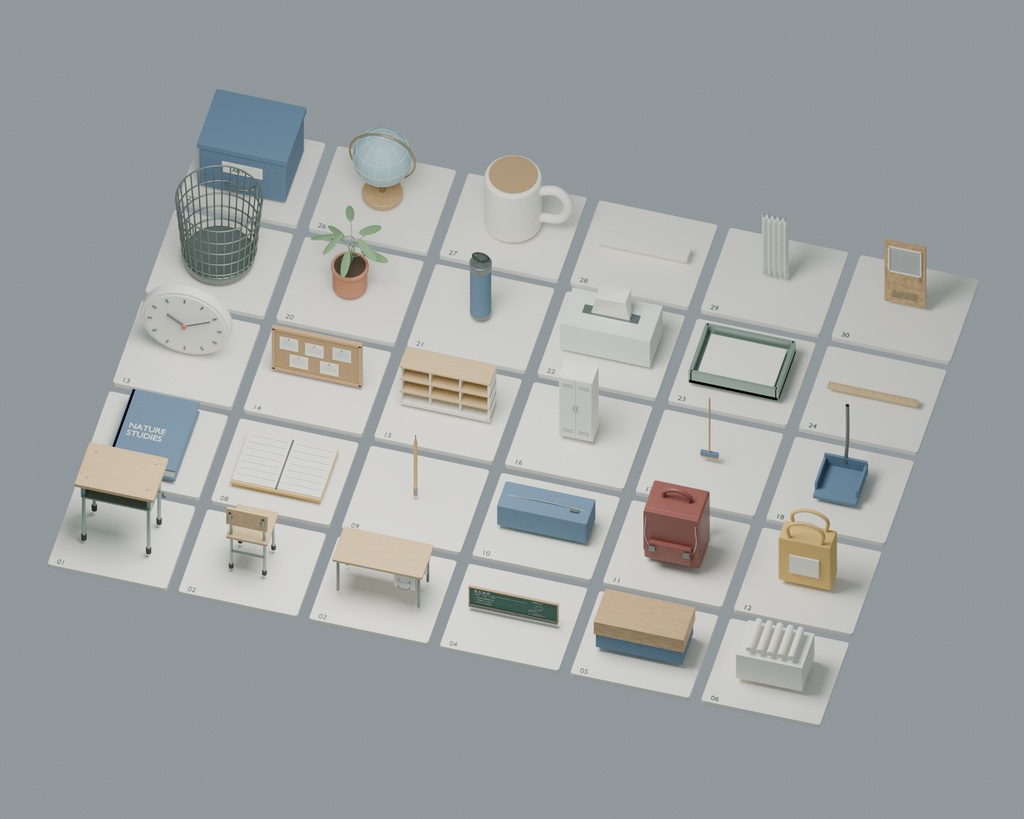 【Blender+Unity】朝の教室|配置済みの室内+家具・小物30種類
