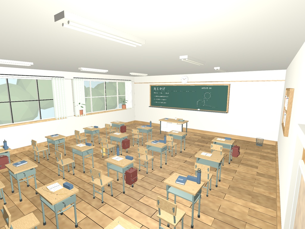 【Blender+Unity】朝の教室|配置済みの室内+家具・小物30種類