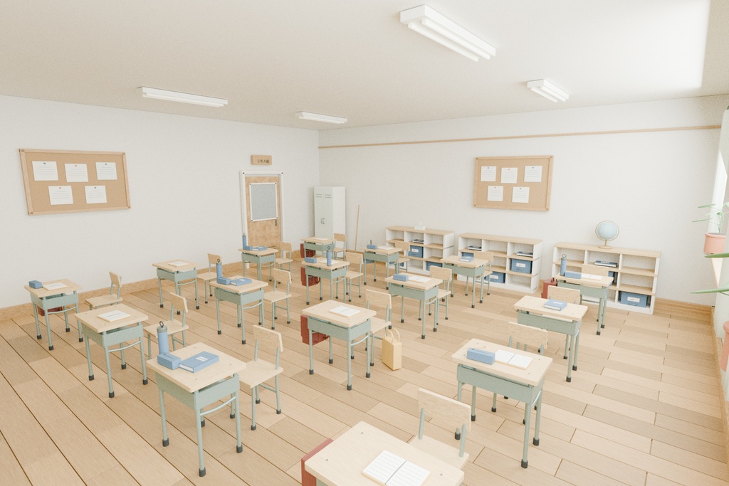 【Blender+Unity】朝の教室|配置済みの室内+家具・小物30種類