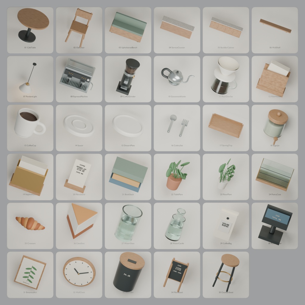 【Blender+Unity】木漏れ日カフェ|配置済みの店内+家具・小物35種類