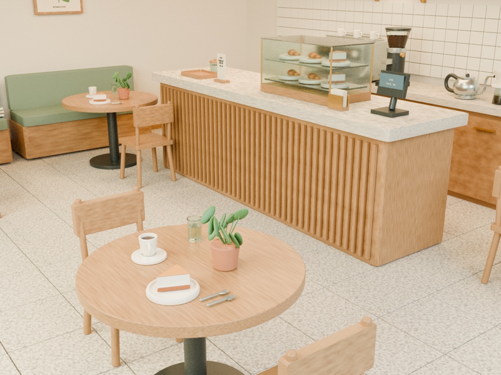 【Blender+Unity】木漏れ日カフェ|配置済みの店内+家具・小物35種類