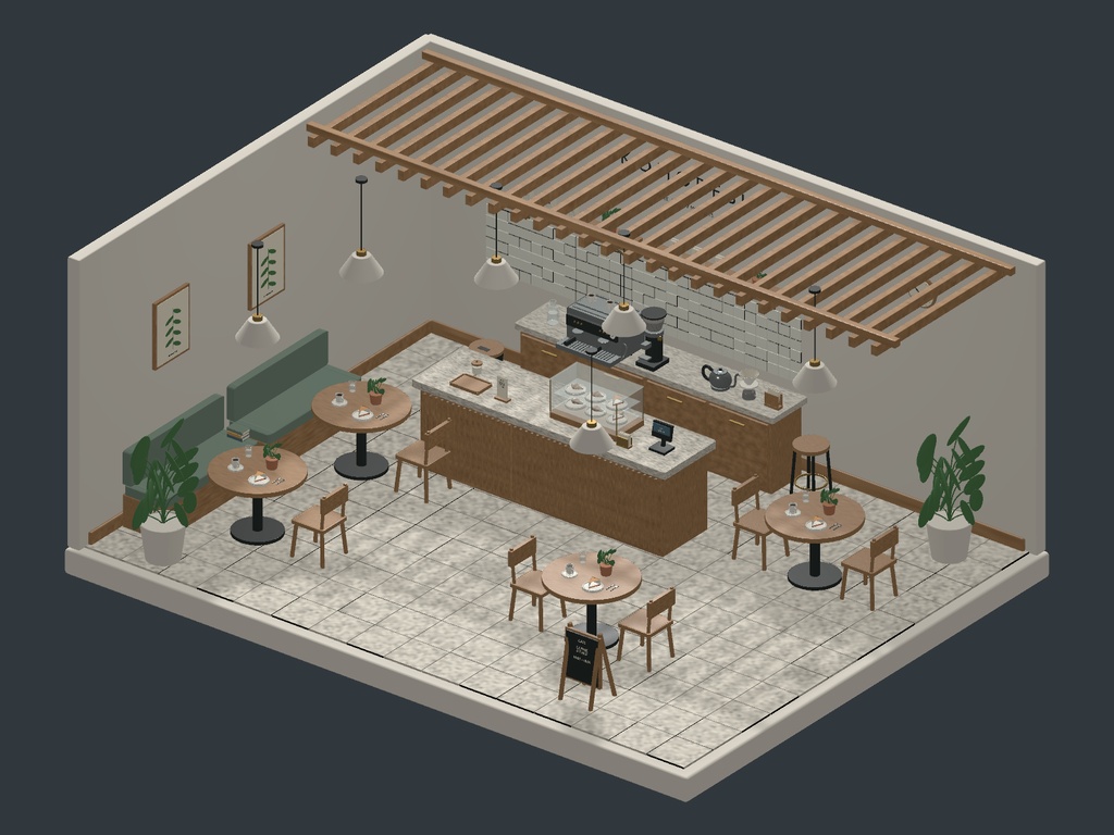 【Blender+Unity】木漏れ日カフェ|配置済みの店内+家具・小物35種類