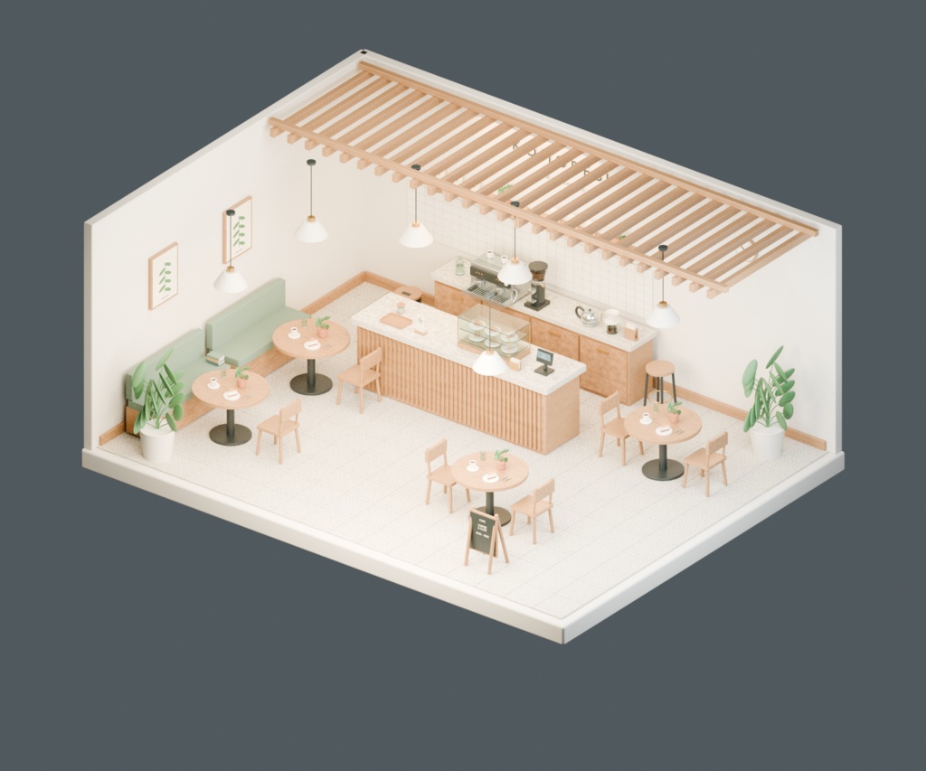 【Blender＋Unity】木漏れ日カフェ｜配置済みの店内＋家具・小物35種類