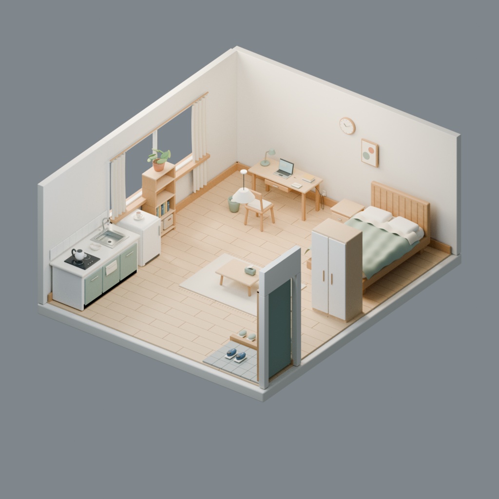 【Blender＋Unity】ひなたのワンルーム｜家具・小物36種類・37組付き室内