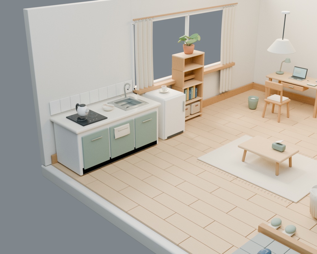 【Blender+Unity】ひなたのワンルーム|家具・小物36種類・37組付き室内