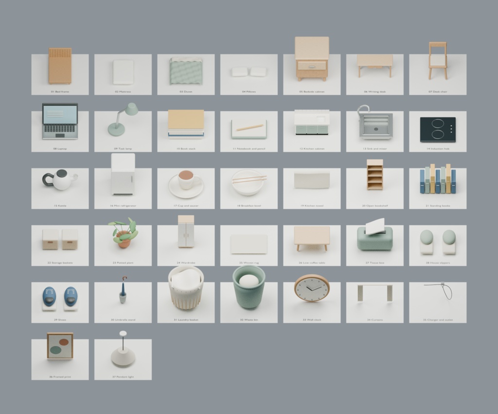 【Blender+Unity】ひなたのワンルーム|家具・小物36種類・37組付き室内