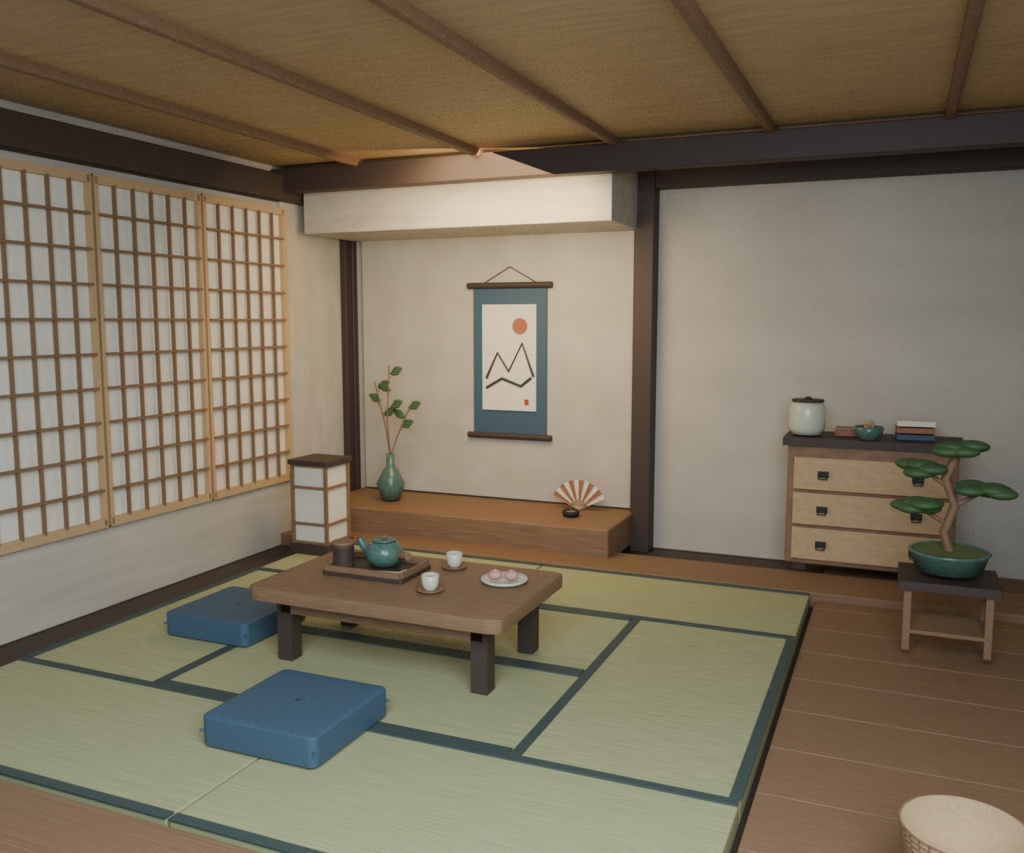 【Blender+Unity】和室「静かな午後」|八畳の室内+家具・小物26種類