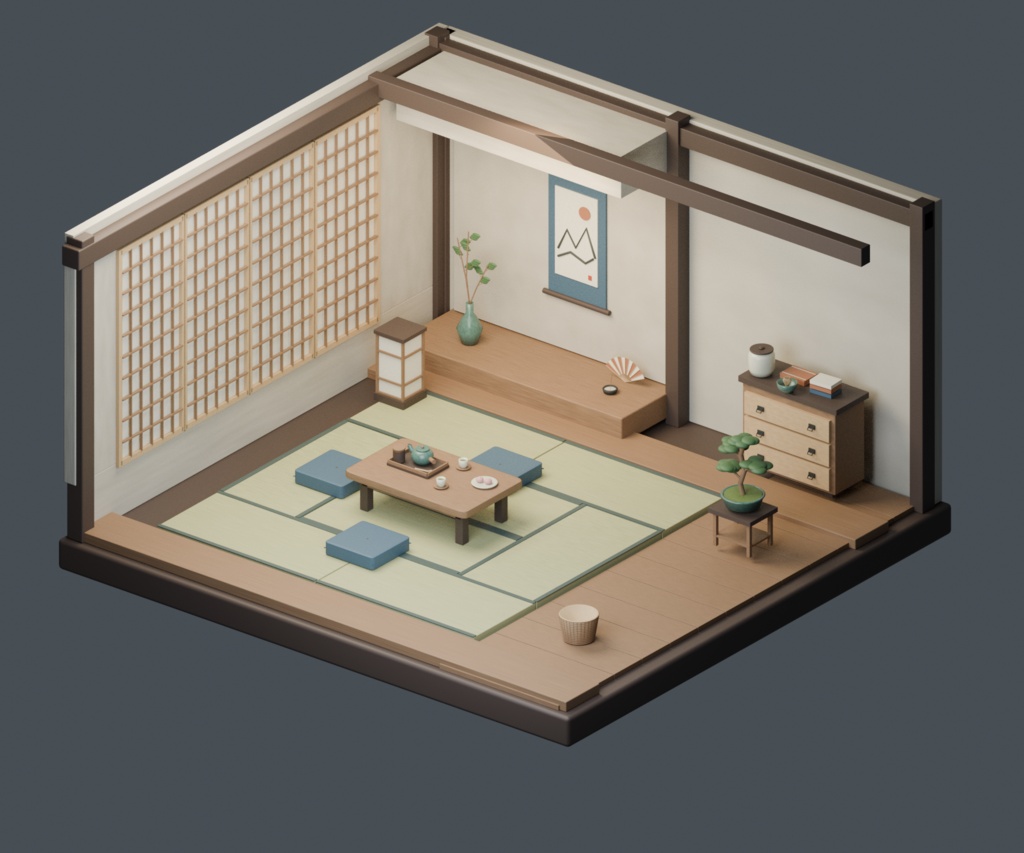 【Blender+Unity】和室「静かな午後」|八畳の室内+家具・小物26種類