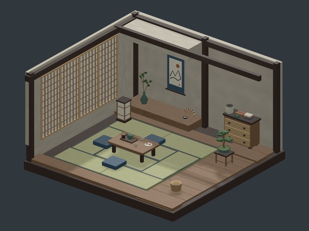 【Blender+Unity】和室「静かな午後」|八畳の室内+家具・小物26種類