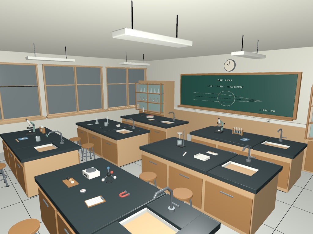【Blender+Unity】午後の理科室|配置済みの教室+実験台・小物27種類