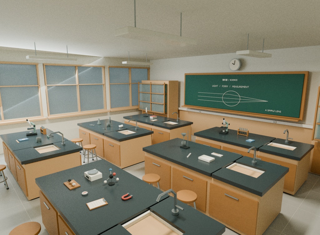 【Blender+Unity】午後の理科室|配置済みの教室+実験台・小物27種類
