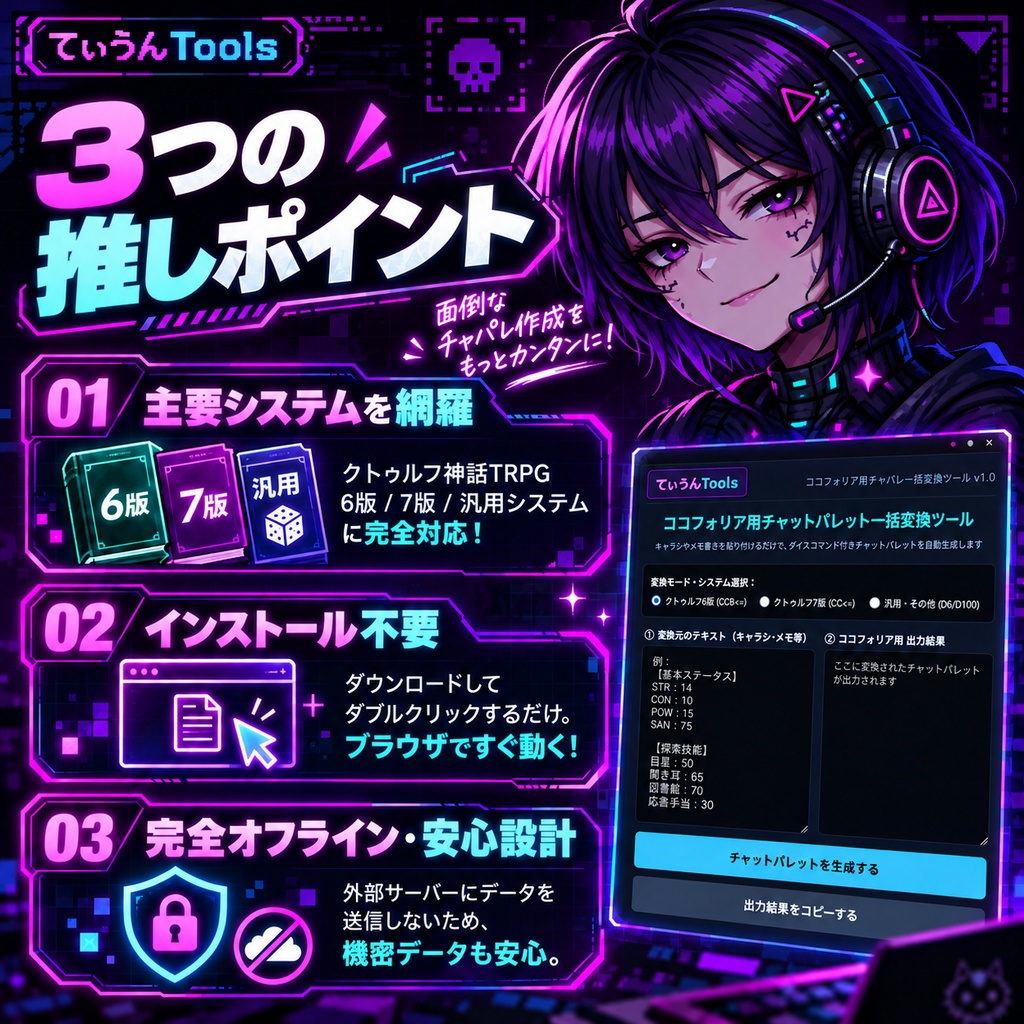 【TRPG支援】ココフォリアのチャパレ・ステータス一瞬変換ツール【ブラウザ完結型・インストール不要】