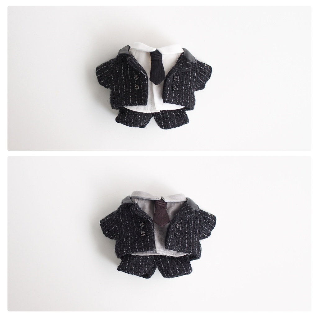 【ストライプ】レザーカラーダブルジャケット+ベルト付きタックパンツ