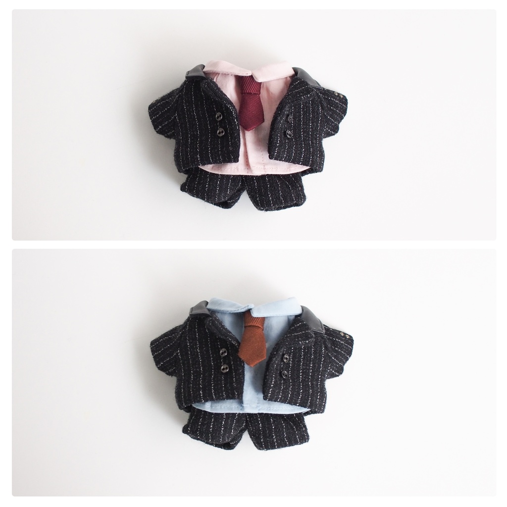 【ストライプ】レザーカラーダブルジャケット+ベルト付きタックパンツ