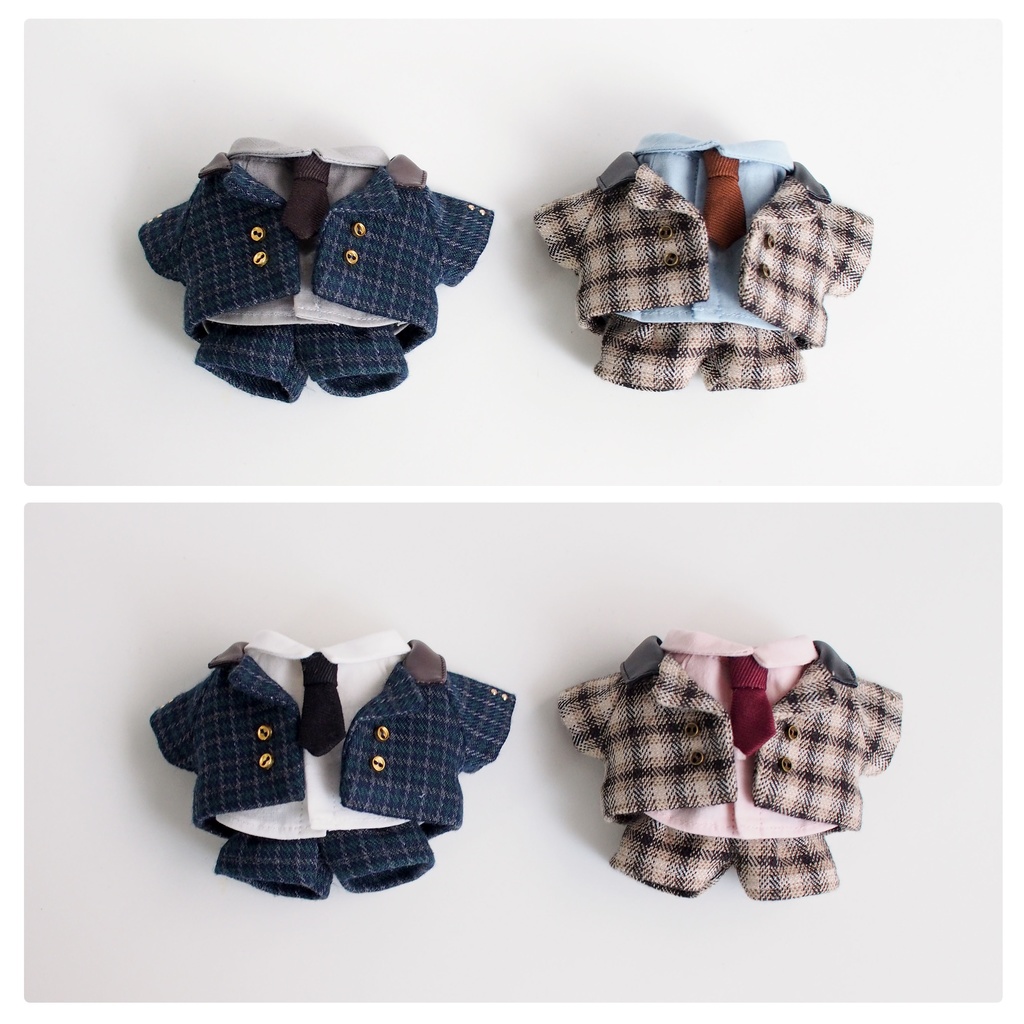 【チェック】レザーカラーダブルジャケット+ベルト付きタックパンツ