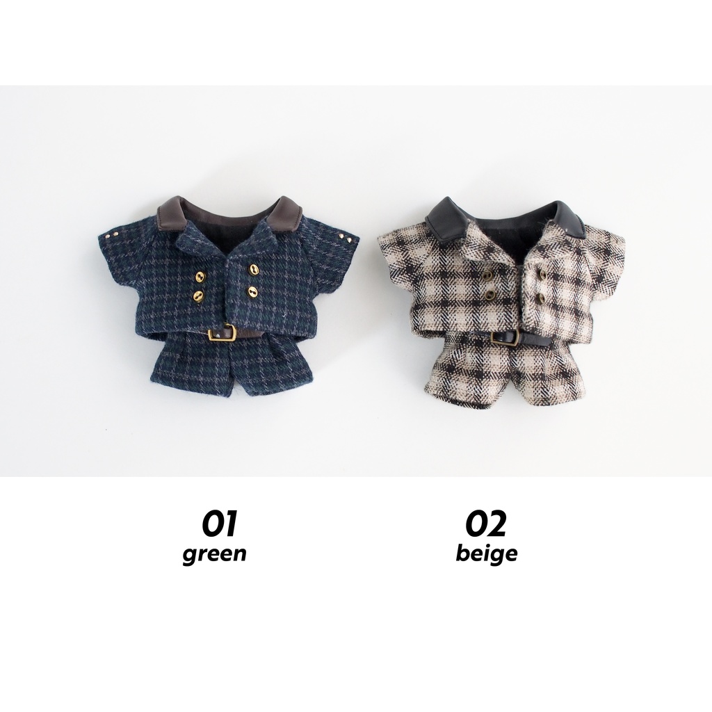 【チェック】レザーカラーダブルジャケット+ベルト付きタックパンツ