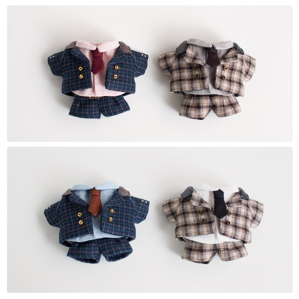 【チェック】レザーカラーダブルジャケット+ベルト付きタックパンツ