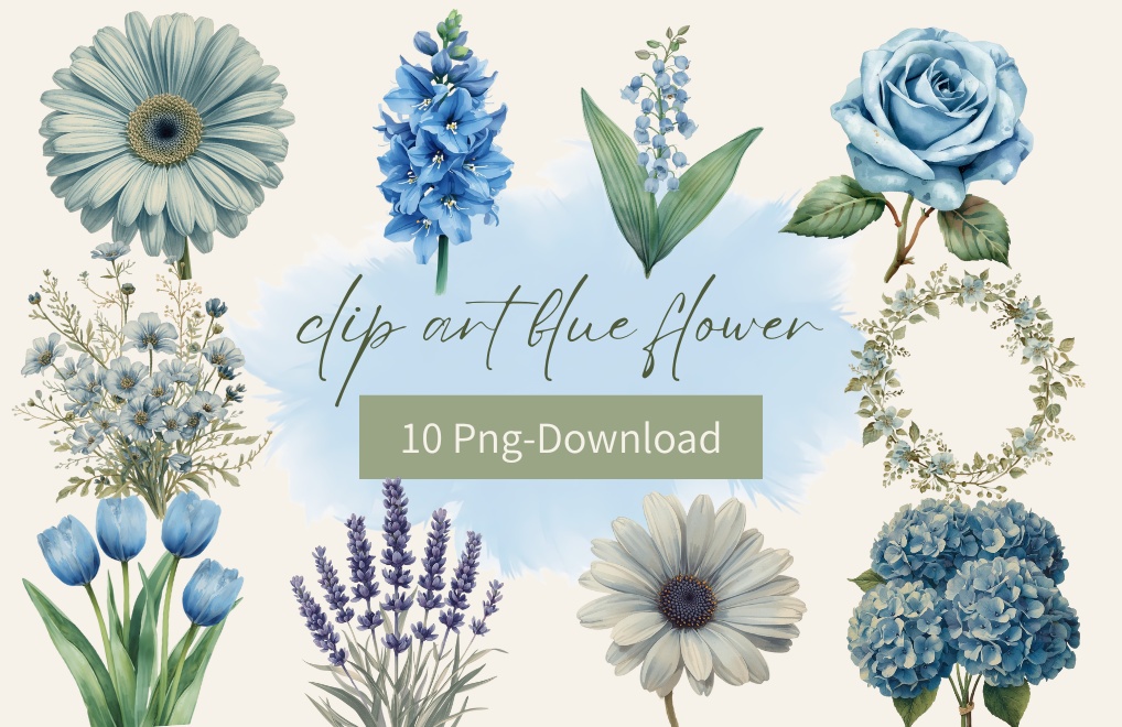 可愛い水彩クリップアート｜水色フラワー PNG10種類セット