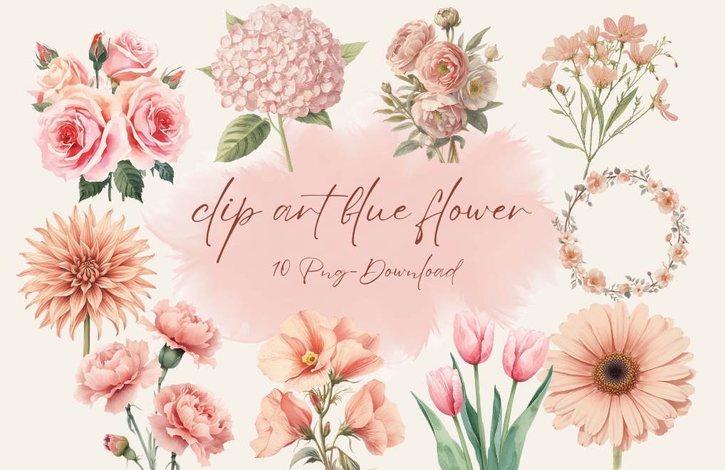 可愛い水彩クリップアート｜ピンクフラワー PNG10種類セット