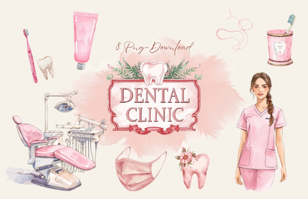 水彩タッチのピンクの歯医者 クリップアート｜アンティークでやさしい雰囲気のイラスト（PNG）