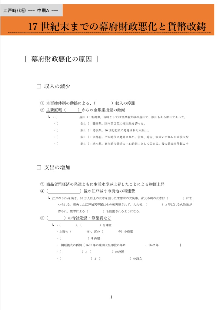 江戸時代⑥ 17世紀末までの幕府財政悪化と貨幣改鋳 中期A（全6ページ)