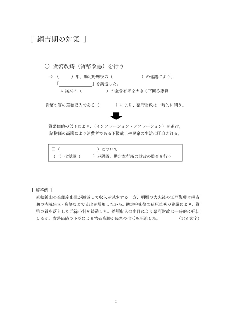 江戸時代⑥ 17世紀末までの幕府財政悪化と貨幣改鋳 中期A(全6ページ)