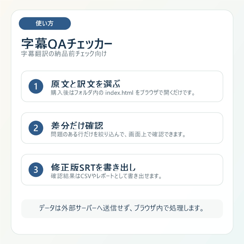 字幕QAチェッカー|SRT・VTTの訳抜け・数字・URL・用語をローカル検査