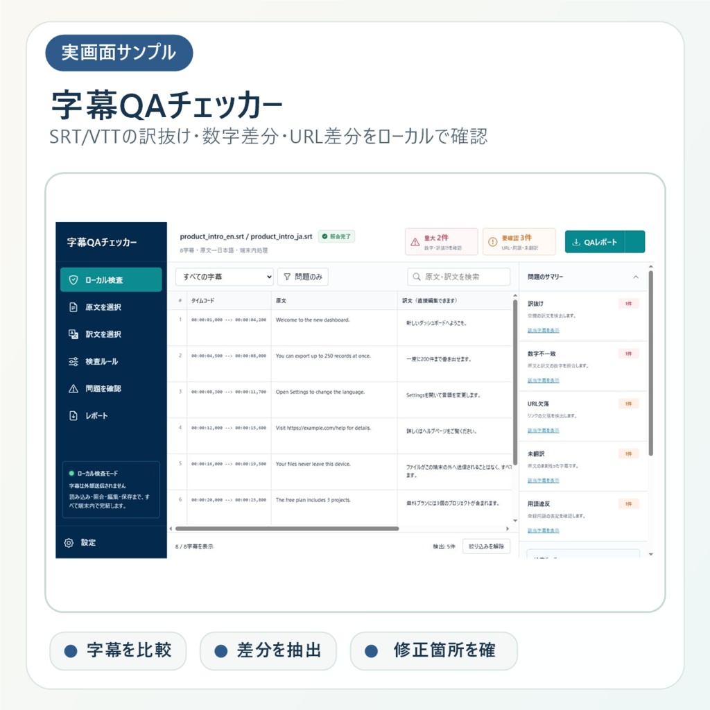 字幕QAチェッカー|SRT・VTTの訳抜け・数字・URL・用語をローカル検査