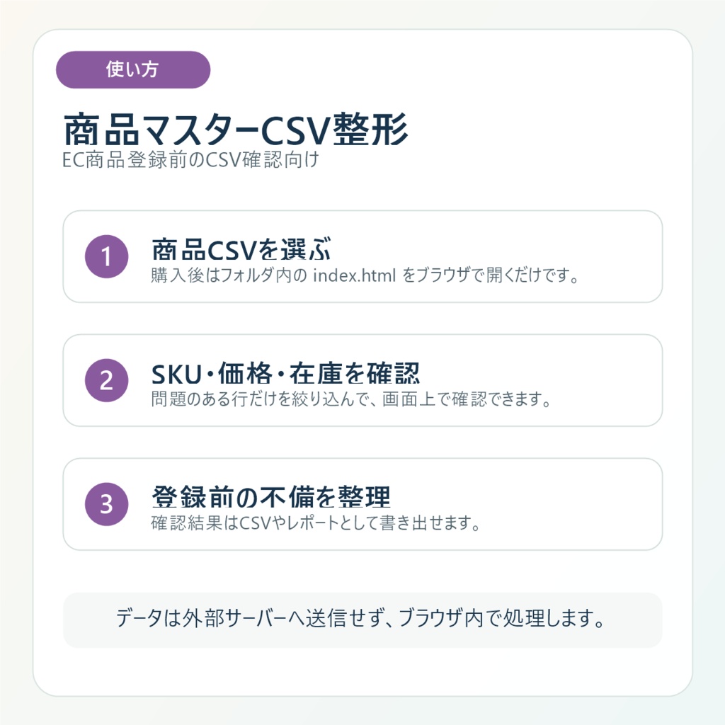 商品マスターCSV整形ツール|SKU重複・価格・在庫・画像URLをローカル確認