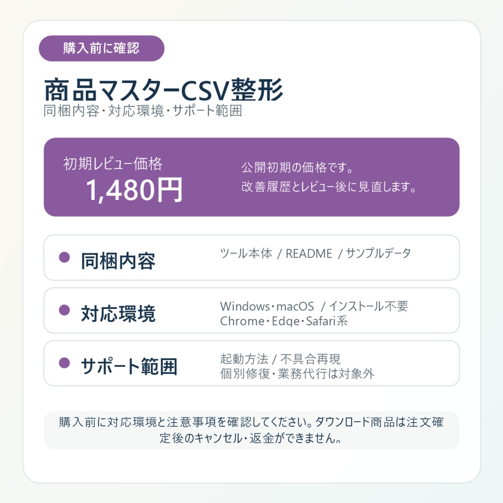 商品マスターCSV整形ツール|SKU重複・価格・在庫・画像URLをローカル確認