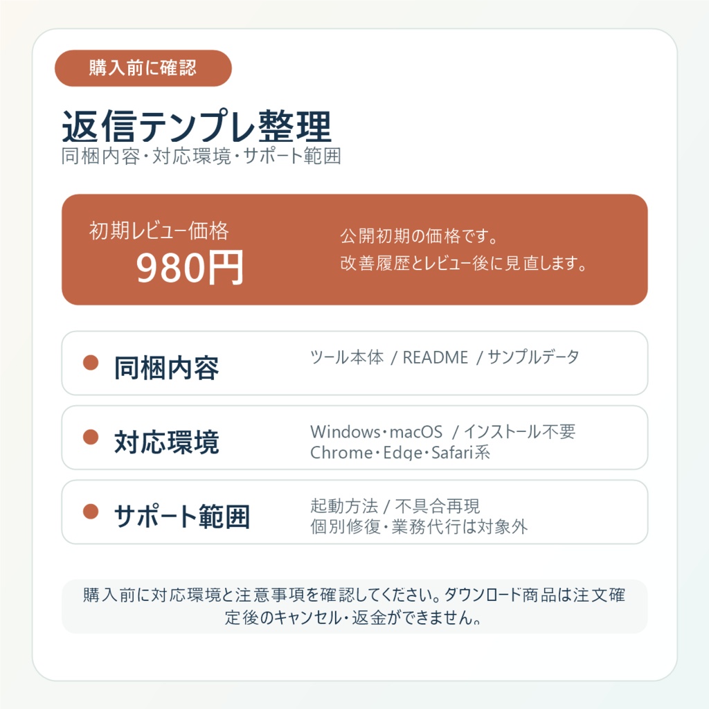問い合わせ返信テンプレ整理ツール|問い合わせCSVを分類して返信候補をローカル整理