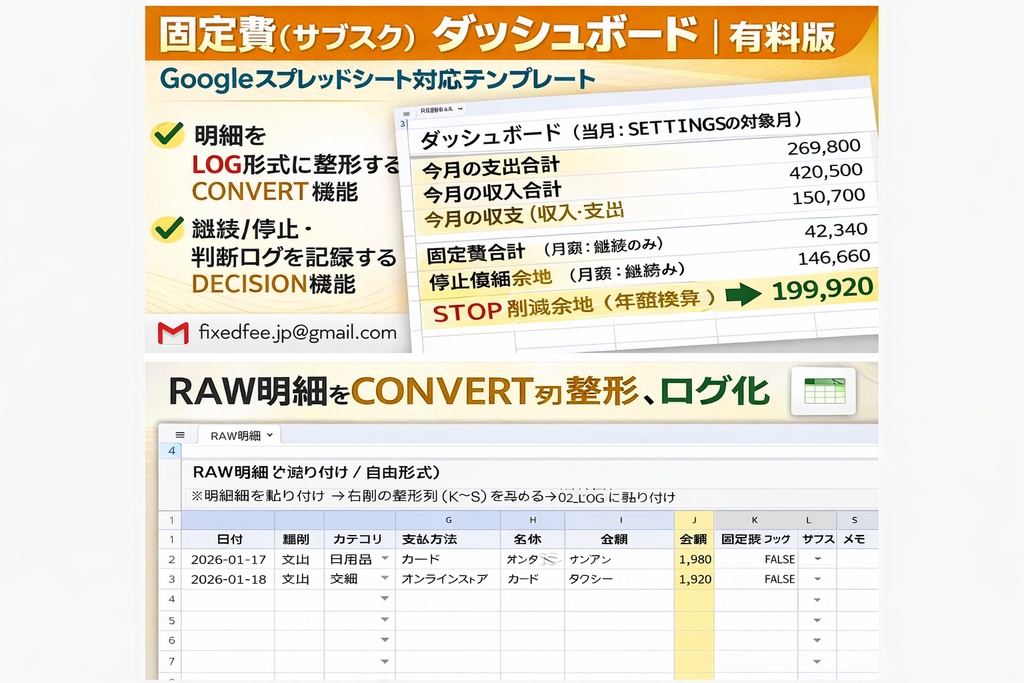 固定費（サブスク）見える化｜家計簿テンプレ（Googleスプレッドシート）【有料・時短版】