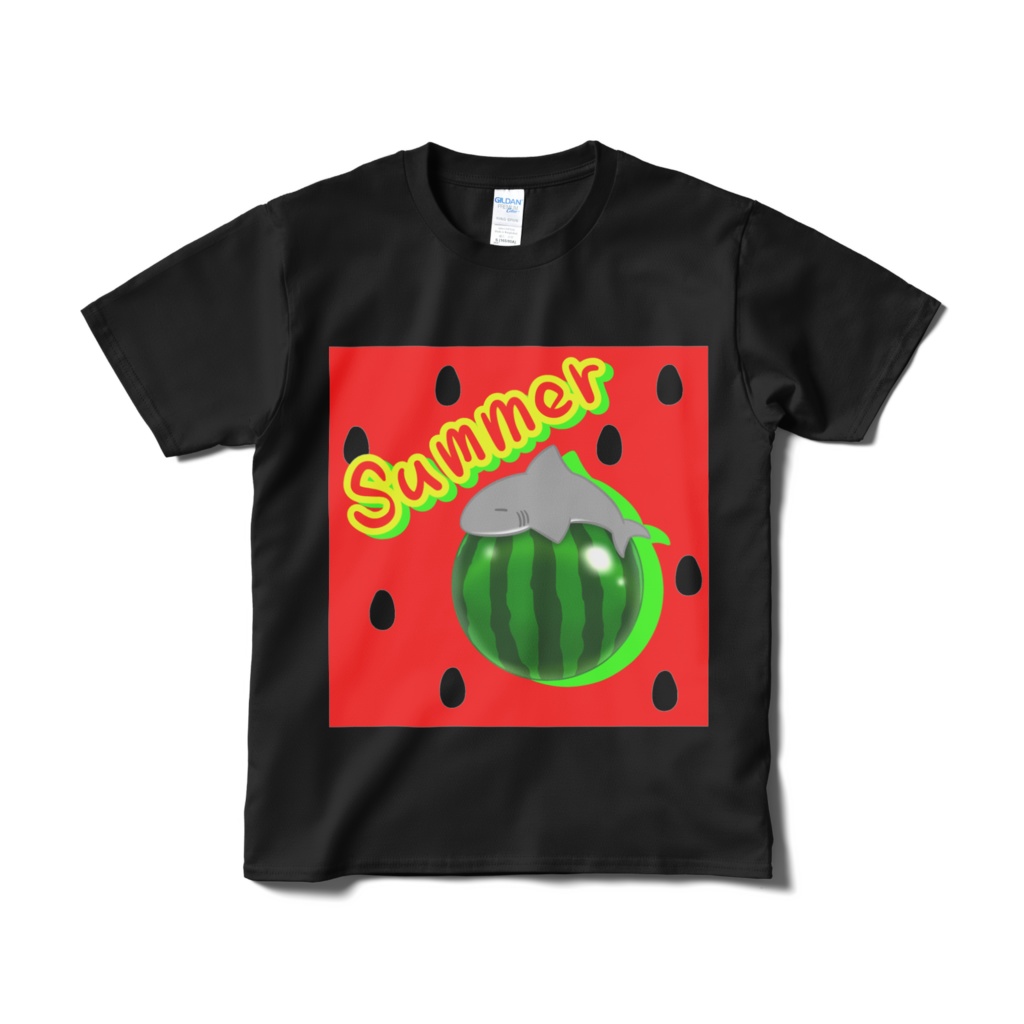 (短納期)寝てるサメ☆スイカでひと休み☆サメTシャツ