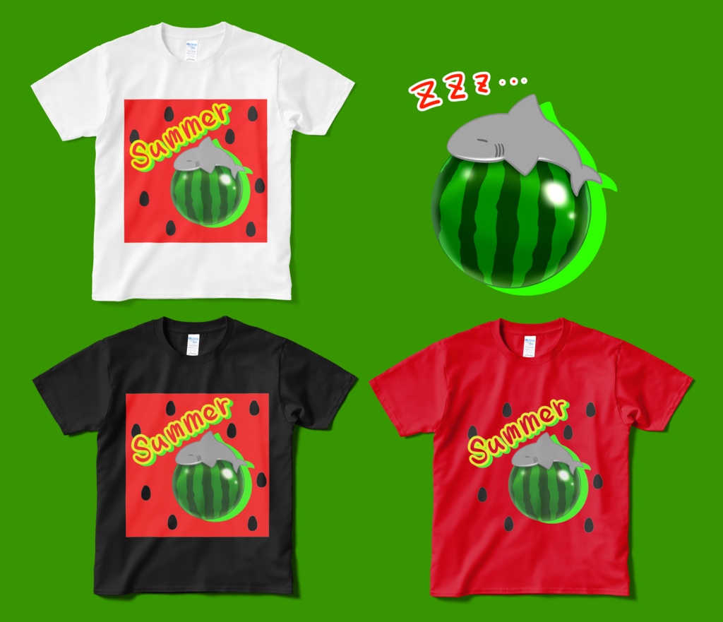 (短納期)寝てるサメ☆スイカでひと休み☆サメTシャツ