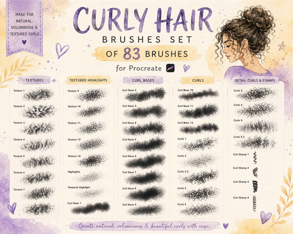 Procreate用 くせ毛・カーリーヘアブラシ 83種セット|髪の毛・カール・ウェーブ