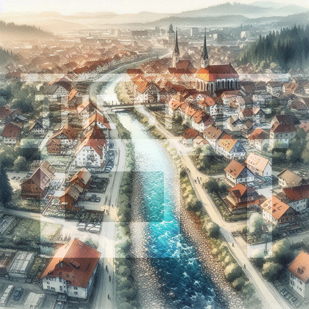 【イラスト素材】川沿いの町