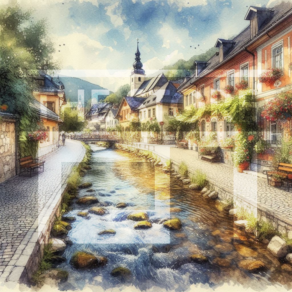 【イラスト素材】川沿いの町