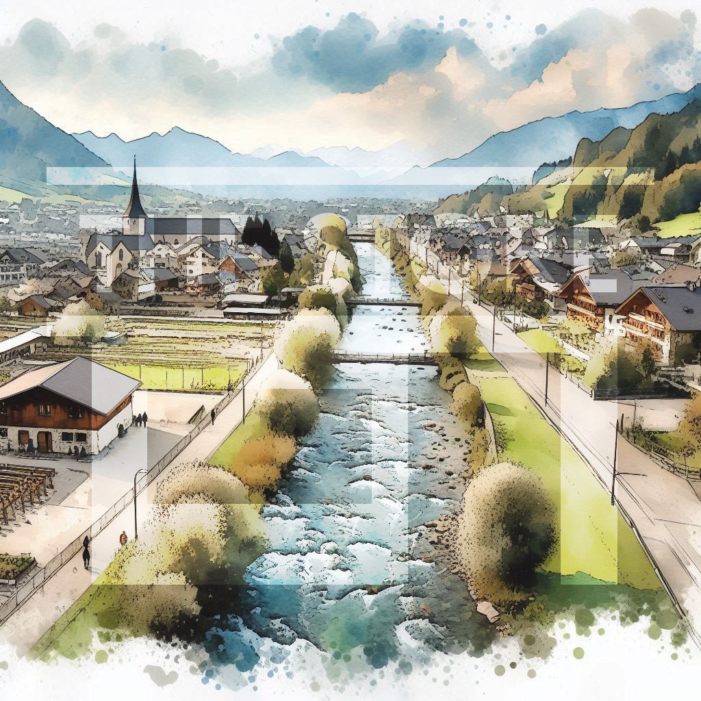 【イラスト素材】川沿いの町