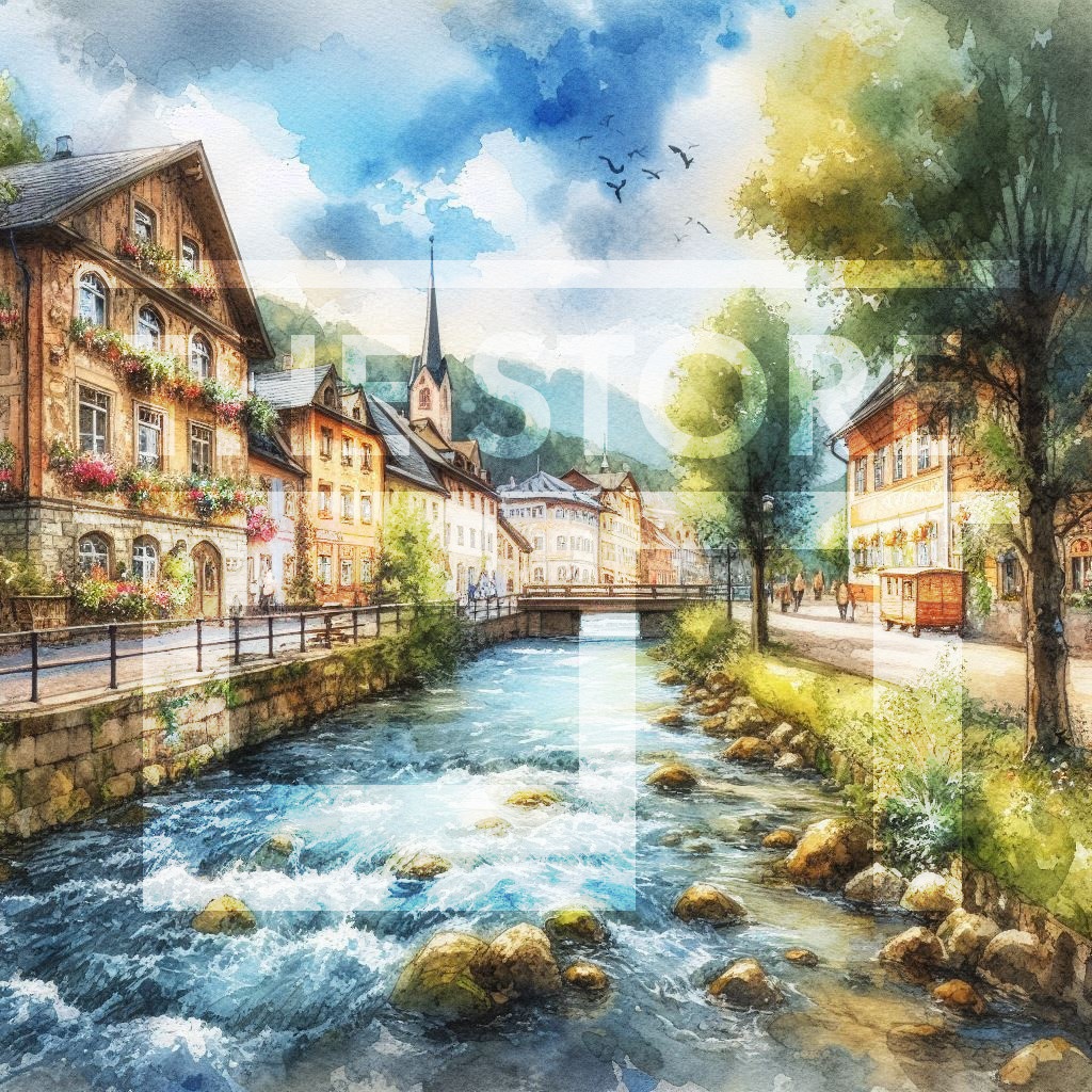 【イラスト素材】川沿いの町