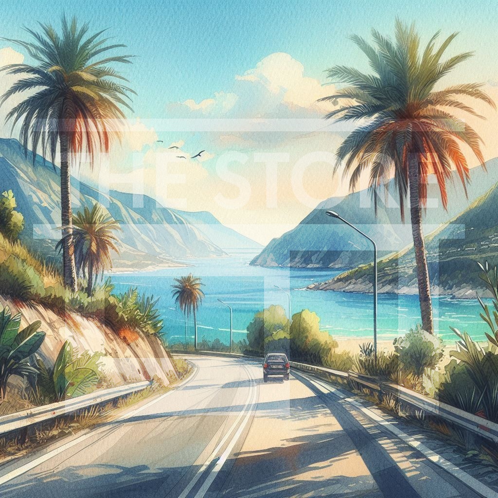 【イラスト素材】海沿いの道路