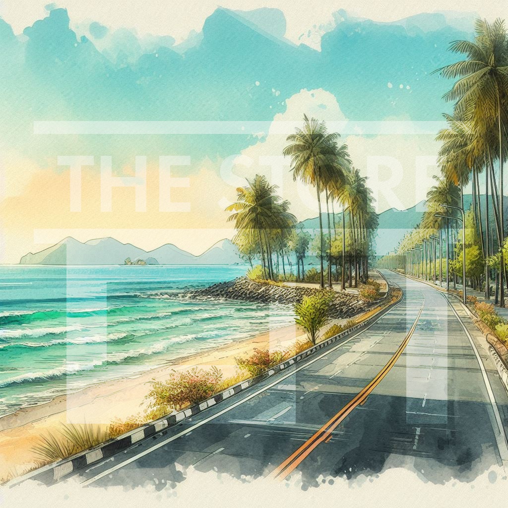 【イラスト素材】海沿いの道路