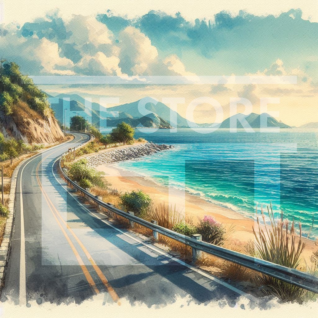 【イラスト素材】海沿いの道路